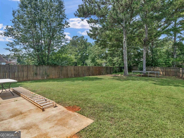 view of yard featuring a trampoline and a patio area