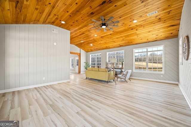 unfurnished living room with ceiling fan, lofted ceiling, wooden ceiling, and light hardwood / wood-style floors