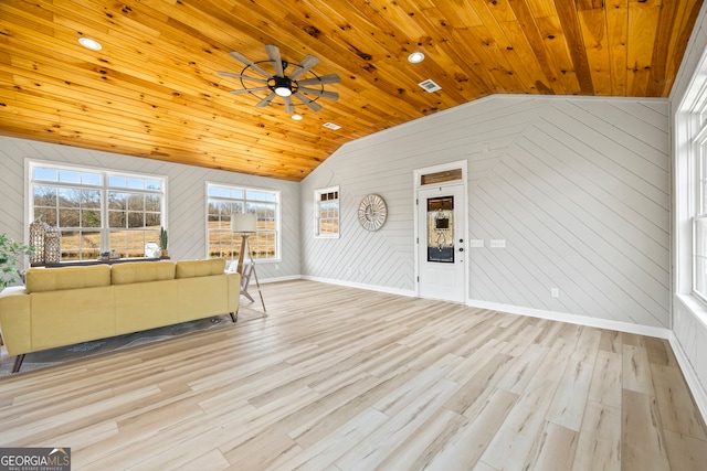 unfurnished living room with ceiling fan, lofted ceiling, light wood-type flooring, and wood ceiling