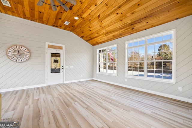 unfurnished sunroom featuring lofted ceiling, wooden ceiling, and ceiling fan