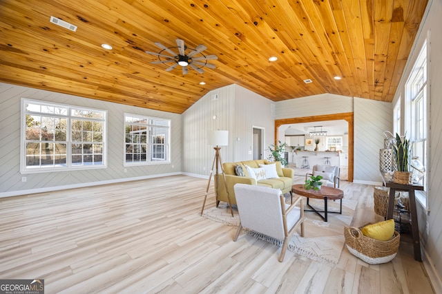 living room featuring lofted ceiling, light hardwood / wood-style flooring, wooden ceiling, and ceiling fan