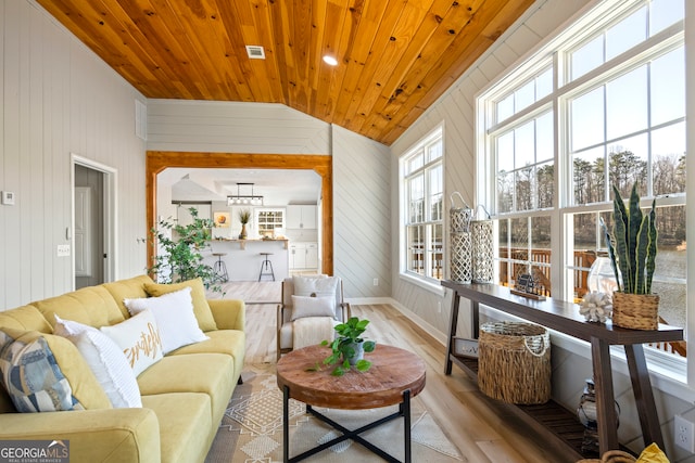 sunroom / solarium featuring lofted ceiling and wood ceiling