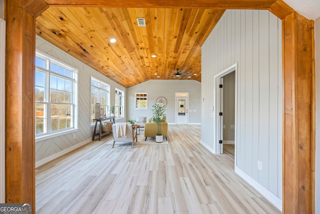 unfurnished room with lofted ceiling, light hardwood / wood-style flooring, wooden ceiling, wooden walls, and ceiling fan