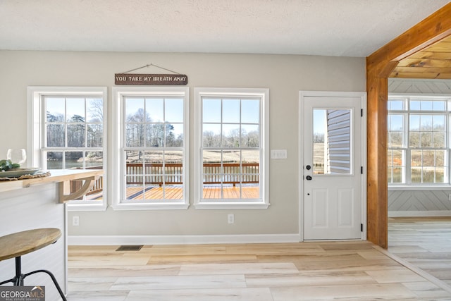 doorway to outside featuring plenty of natural light, a textured ceiling, and light wood-type flooring