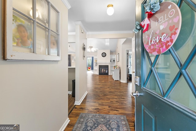 interior space with ornamental molding and dark hardwood / wood-style floors