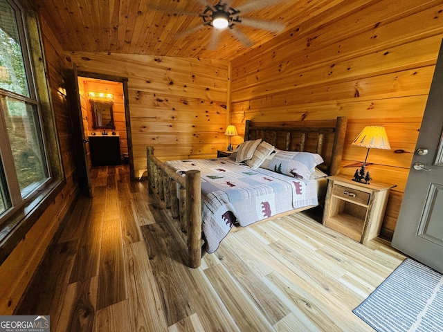 bedroom with hardwood / wood-style flooring, wooden ceiling, and wooden walls