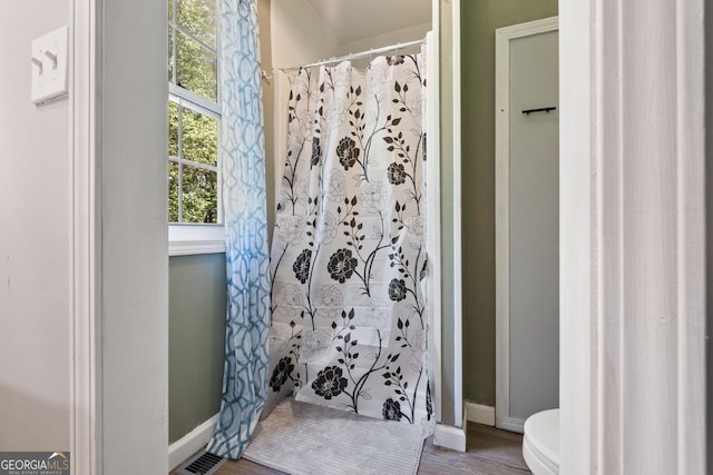 bathroom with walk in shower, wood-type flooring, and toilet