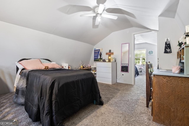 carpeted bedroom with lofted ceiling and ceiling fan