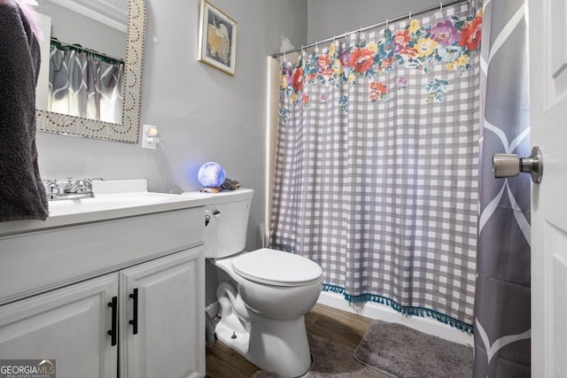 bathroom featuring vanity, wood-type flooring, toilet, and a shower with shower curtain