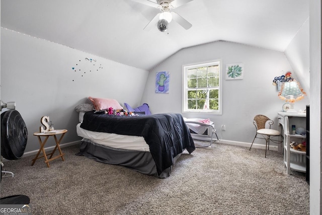 bedroom featuring vaulted ceiling, carpet, and ceiling fan