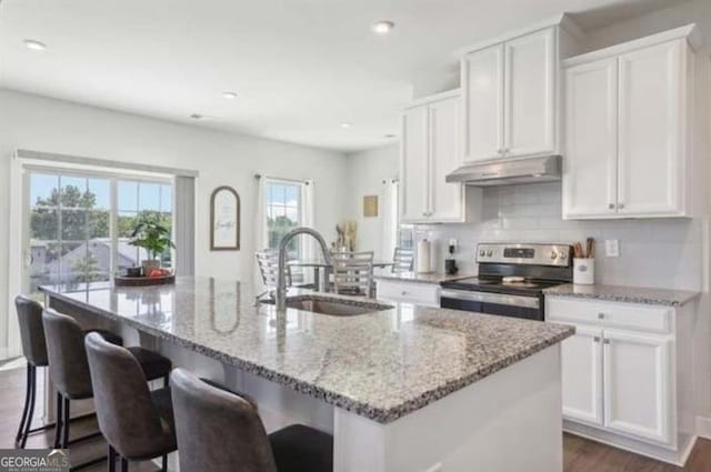 kitchen with stainless steel range with electric stovetop, white cabinetry, and an island with sink