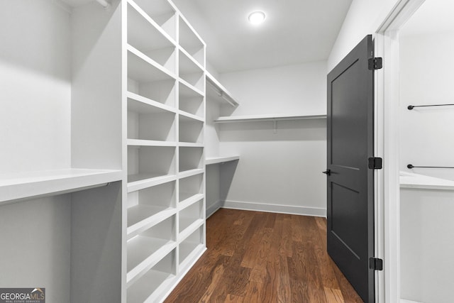 walk in closet with dark wood-type flooring