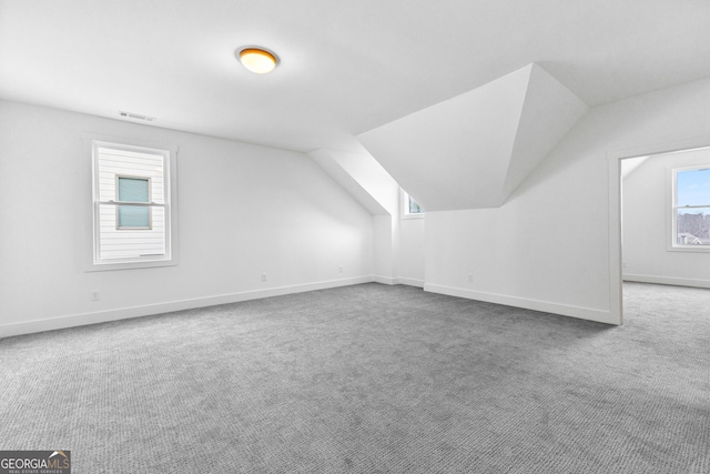 additional living space with lofted ceiling, a healthy amount of sunlight, and carpet flooring