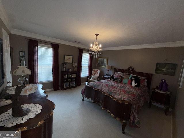 carpeted bedroom featuring a notable chandelier and ornamental molding