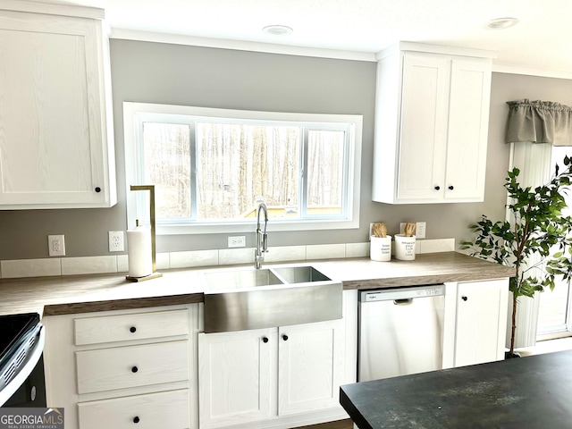 kitchen with range with electric cooktop, white cabinetry, dishwasher, sink, and crown molding