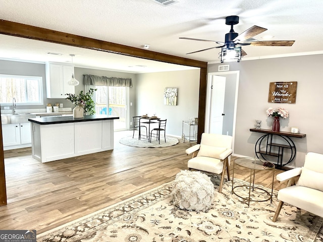 sitting room with plenty of natural light, beam ceiling, light hardwood / wood-style floors, and a textured ceiling