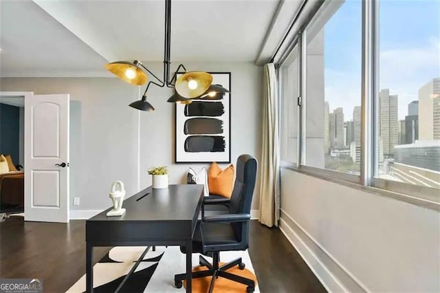 office with crown molding and dark wood-type flooring