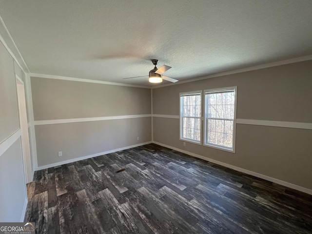 spare room featuring crown molding, ceiling fan, dark hardwood / wood-style flooring, and a textured ceiling