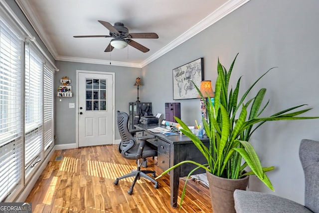 520 Long View Dr, Hiawassee, GA 30546 - office area with ceiling fan, wood finished floors, crown molding, and baseboards