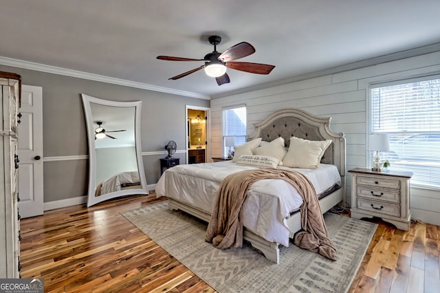 520 Long View Dr, Hiawassee, GA 30546 - bedroom featuring light wood-style floors, crown molding, a ceiling fan, and ensuite bathroom