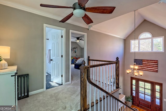 520 Long View Dr, Hiawassee, GA 30546 - corridor featuring an upstairs landing, a chandelier, carpet, lofted ceiling, and baseboards