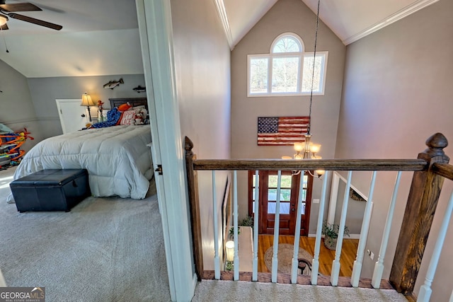 520 Long View Dr, Hiawassee, GA 30546 - carpeted bedroom featuring a chandelier and high vaulted ceiling