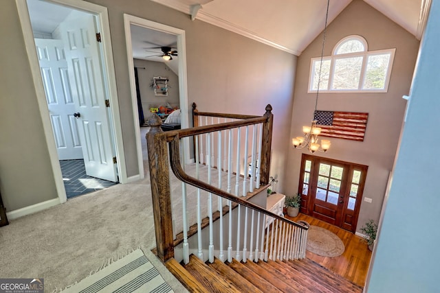 520 Long View Dr, Hiawassee, GA 30546 - foyer with a chandelier, healthy amount of natural light, high vaulted ceiling, baseboards, and ceiling fan