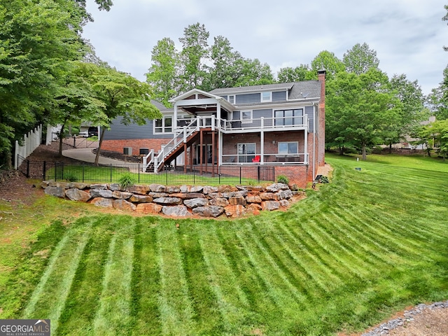 520 Long View Dr, Hiawassee, GA 30546 - rear view of property with stairway, a chimney, a deck, and brick siding