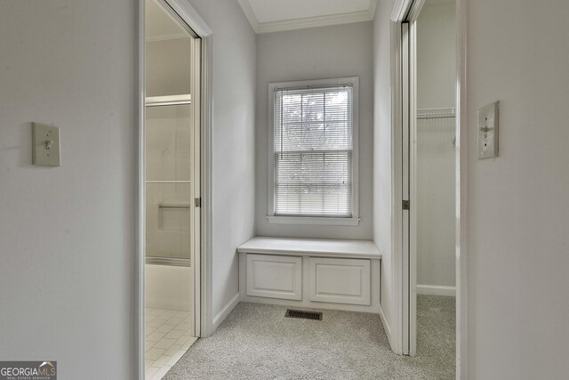 corridor with crown molding and light colored carpet