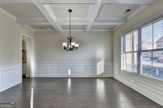 unfurnished dining area featuring beamed ceiling, dark hardwood / wood-style flooring, coffered ceiling, and a chandelier