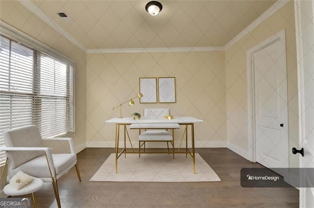 tiled home office featuring crown molding