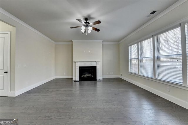 unfurnished living room with crown molding, dark hardwood / wood-style floors, and ceiling fan