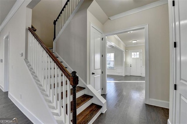 stairway with crown molding and hardwood / wood-style floors