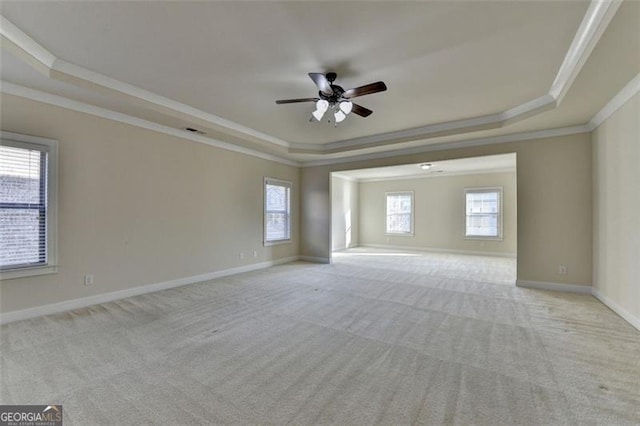 empty room with a tray ceiling and light colored carpet