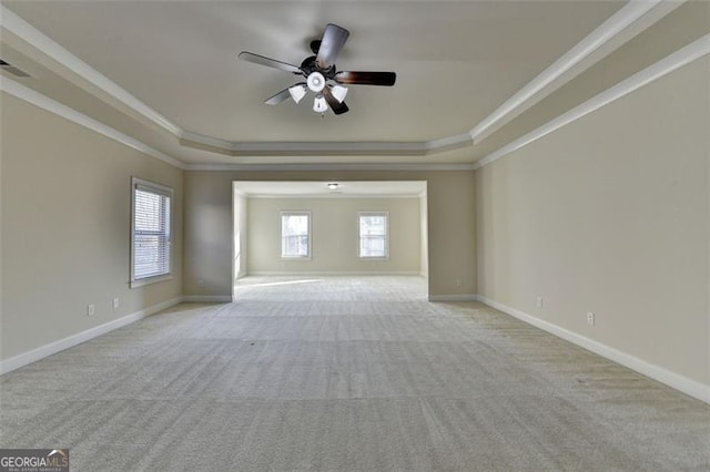 unfurnished room with crown molding, a wealth of natural light, and a raised ceiling