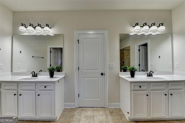 bathroom featuring vanity, tile patterned floors, and a shower with shower curtain