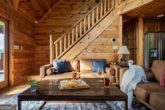 273 Deer Crest Hts, Blue Ridge, GA 30513 - living room with lofted ceiling, wood ceiling, and wood walls