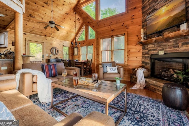 273 Deer Crest Hts, Blue Ridge, GA 30513 - living room with hardwood / wood-style floors, wooden walls, a fireplace, and wooden ceiling