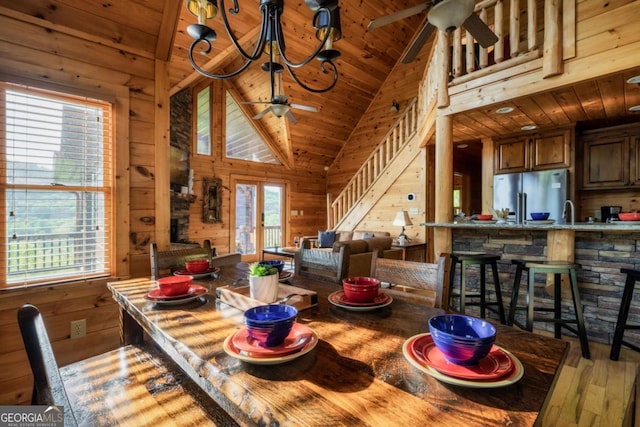 273 Deer Crest Hts, Blue Ridge, GA 30513 - dining space with a healthy amount of sunlight, wood ceiling, wooden walls, and ceiling fan