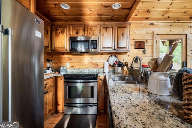 273 Deer Crest Hts, Blue Ridge, GA 30513 - kitchen with sink, appliances with stainless steel finishes, light stone counters, wooden ceiling, and light wood-type flooring