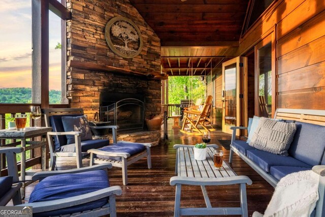 273 Deer Crest Hts, Blue Ridge, GA 30513 - exterior space with vaulted ceiling, wooden ceiling, and an outdoor stone fireplace