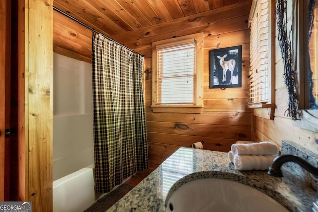 273 Deer Crest Hts, Blue Ridge, GA 30513 - bathroom with shower / bathtub combination with curtain, vanity, wooden ceiling, and wood walls