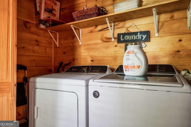 273 Deer Crest Hts, Blue Ridge, GA 30513 - laundry area with washing machine and clothes dryer and wooden walls