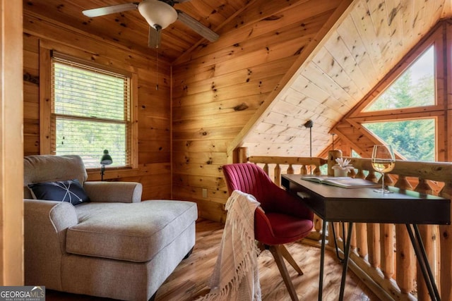 273 Deer Crest Hts, Blue Ridge, GA 30513 - sitting room featuring vaulted ceiling, hardwood / wood-style floors, wooden walls, ceiling fan, and wood ceiling