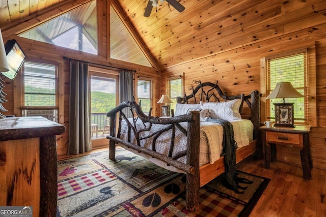 273 Deer Crest Hts, Blue Ridge, GA 30513 - bedroom featuring access to exterior, wood ceiling, dark hardwood / wood-style floors, and wood walls