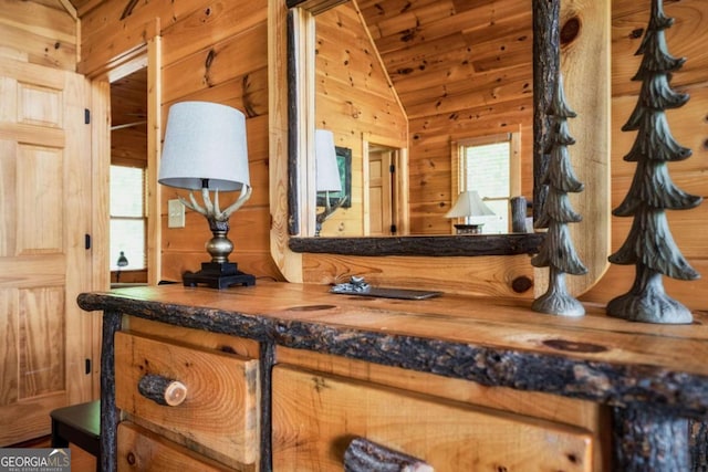 273 Deer Crest Hts, Blue Ridge, GA 30513 - bathroom featuring wood ceiling, vanity, wooden walls, and vaulted ceiling
