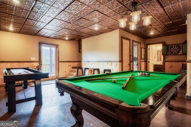 273 Deer Crest Hts, Blue Ridge, GA 30513 - playroom featuring concrete flooring, wooden walls, and billiards