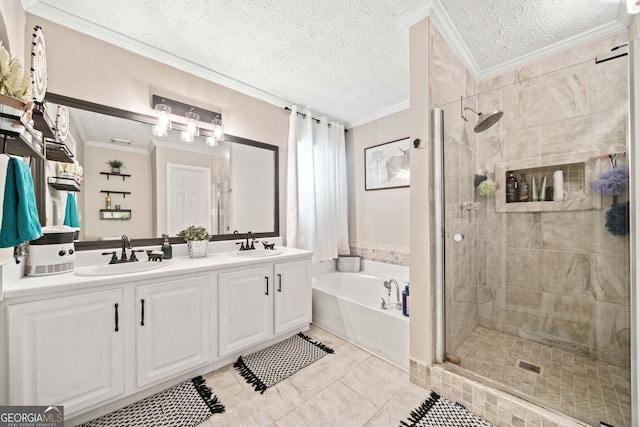 bathroom featuring ornamental molding, vanity, a textured ceiling, and plus walk in shower