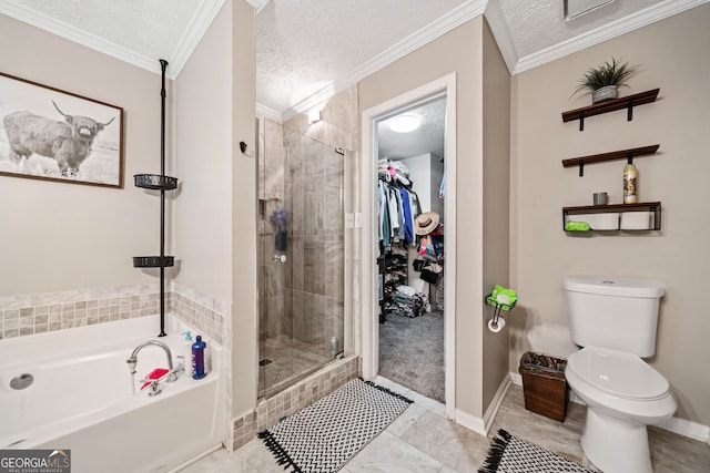 bathroom featuring ornamental molding, separate shower and tub, a textured ceiling, and toilet