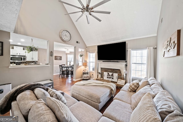 living room featuring ceiling fan, high vaulted ceiling, and light hardwood / wood-style floors